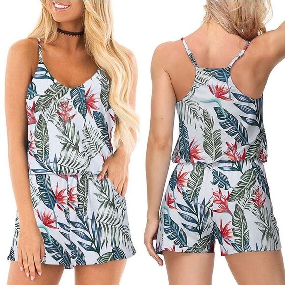 Palm Leaf Summer Shorts Romper Size Small - Picture 1 of 10